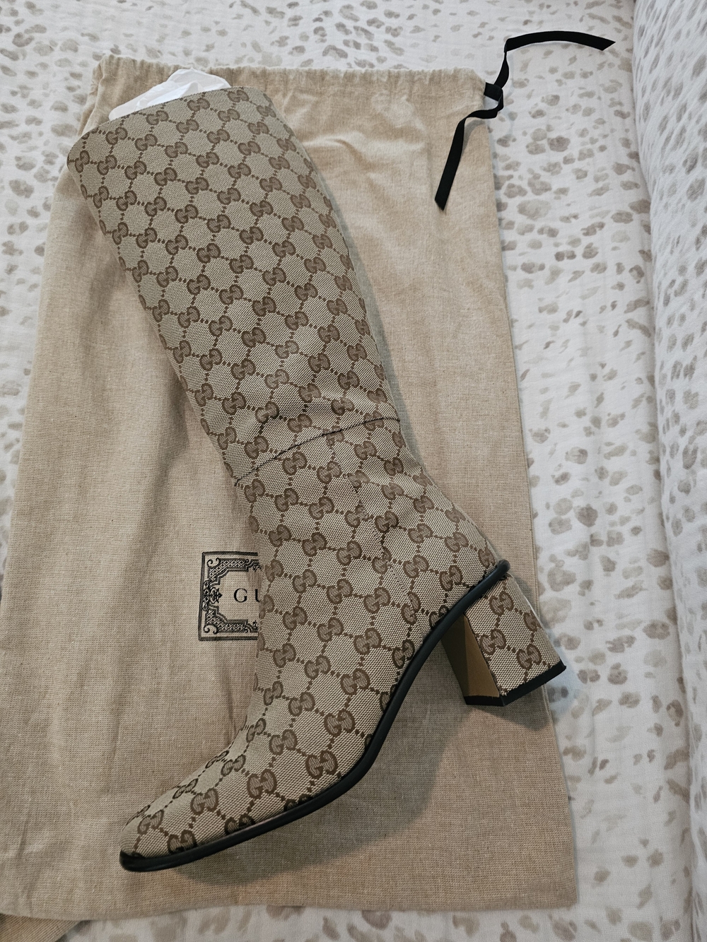 Gucci Beige Monogram Knee-High Square Toe Boots - Picture 11 of 12